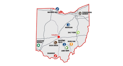 Map of Ohio highlighting various state park lodges, including Deer Creek, relative to Columbus.
