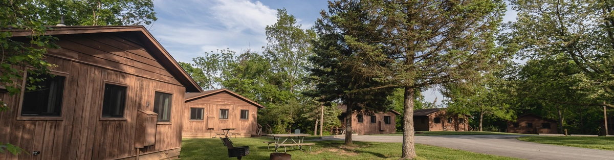 A line of four cabins, each with three square windows - a long driveway stretches between them